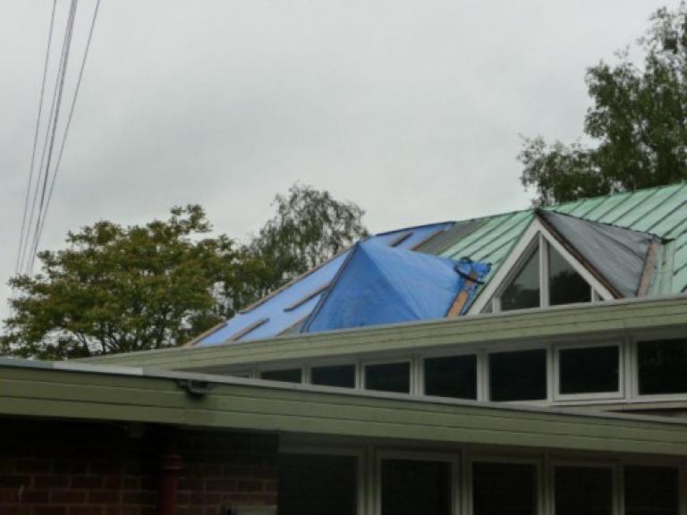 Copper theft damage on the in situ roof of Oliver Bird Hall